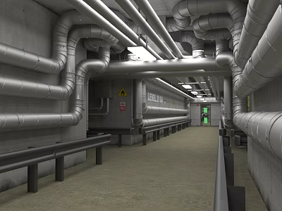 Industrial Facility With Silver Metal Pipes Concrete Walls Walkway Guardrails Green Indicator And Warning Signs 3d model
