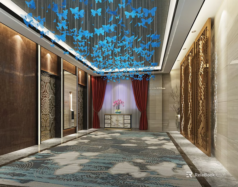 Elegant Elevator Hallway with Blue Butterfly Ceiling Decor Red Curtains and Patterned Carpet 3d model