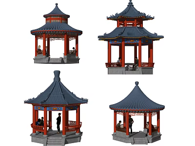 Traditional Chinese Landscape Pavilion With Blue Roof Red Pillars And Decorative Details 3d model
