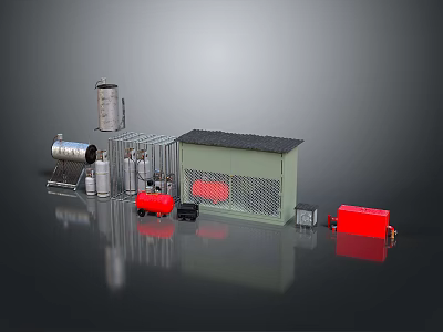 Industrial Equipment Setup With Silver Tanks Metal Frames Green Cabin And Red Machinery 3d model