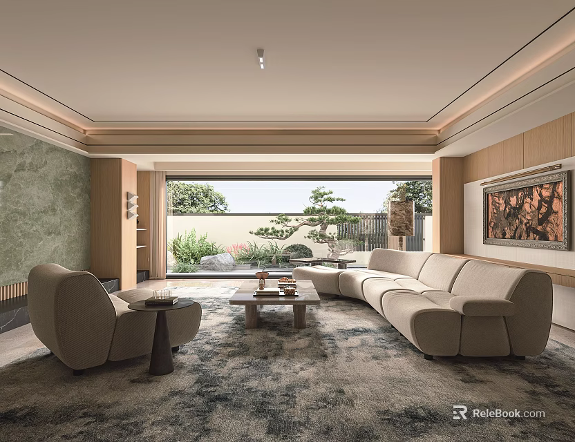 Modern Living Room Interior Featuring Beige Curved Sofa Single Armchair Wooden Coffee Table Large Window And Greenery 3d model 