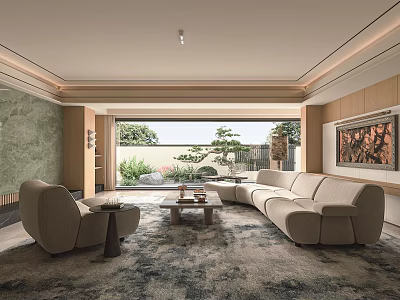 Modern Living Room Interior Featuring Beige Curved Sofa Single Armchair Wooden Coffee Table Large Window And Greenery 3d model