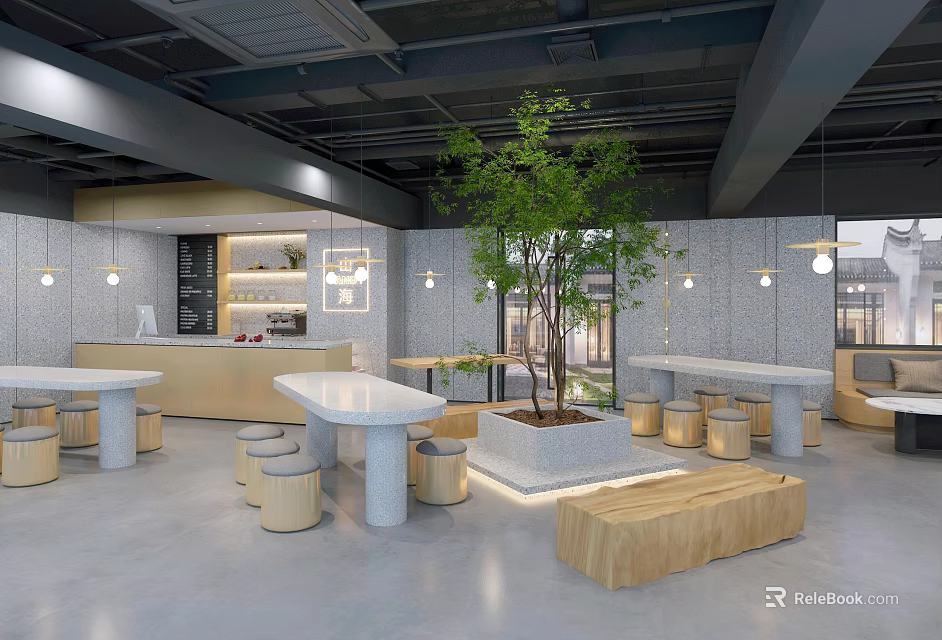 Modern Café Interior Design With Indoor Tree Wooden Tables And Hanging Lights 3d model 