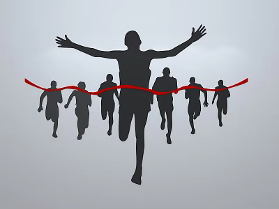 Running People Silhouettes With Arms Outstretched Crossing Red Ribbon Finish Line 3d model