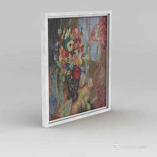 Oil Painting Of Colorful Flowers In Vase With Interior Background Details 3d model 