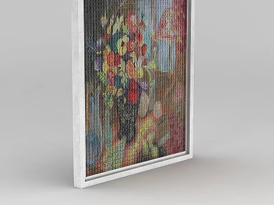 Oil Painting Of Colorful Flowers In Vase With Interior Background Details 3d model