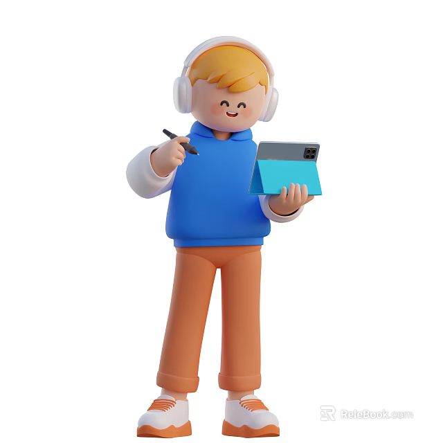 Man Wearing Headphones Holding Pen And Using Blue Tablet With Smile 3d model 