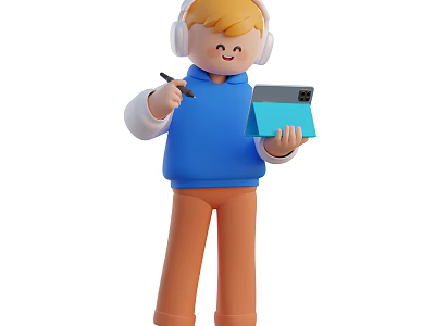 Man Wearing Headphones Holding Pen And Using Blue Tablet With Smile 3d model