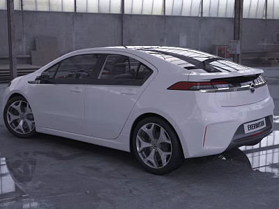 White Sedan With Modern Streamlined Design Large Alloy Wheels In Industrial Warehouse Setting 3d model