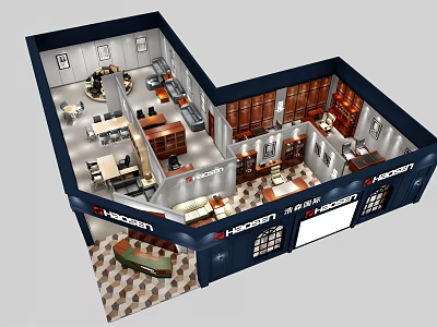 Bird's Eye View of HADEON Brand Interior Layout with Desks Chairs Display Cabinets and Sofa 3d model