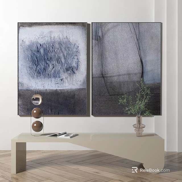 Modern Interior Decor With Abstract Paintings Table Decorative Spheres Book And Green Plant Vase 3d model 