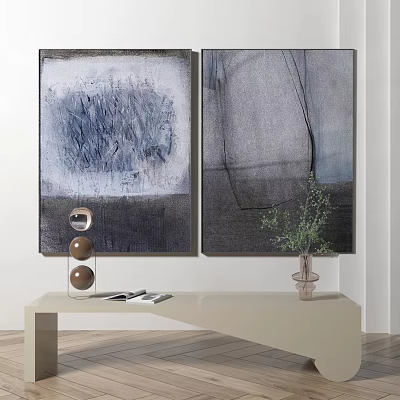 Modern Interior Decor With Abstract Paintings Table Decorative Spheres Book And Green Plant Vase 3d model