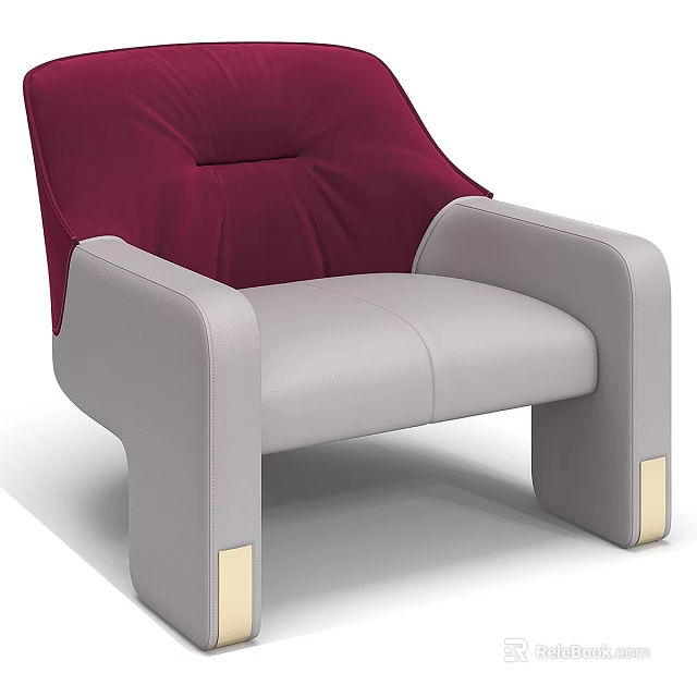 Single Sofa with Maroon Backrest Light Gray Upholstery and Gold Metal Legs Modern Design 3d model 