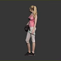 Woman In Pink Striped Tank Top Holding Black Basketball And Green Dumbbell With Gray Leggings