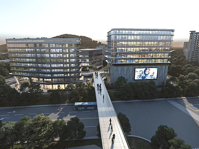 Modern Mall Lobby With Glass Curtain Walls Pedestrians Walking And Green Surroundings 3d model