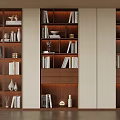 Modern Elegant Bookshelf Interior With Wooden Compartments Books Decorations And Lighting