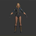 3D Female Character With Blonde Hair Blue Jacket Black Jumpsuit Fishnet Stockings And Brown Boots
