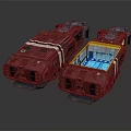 Futuristic Red Sci-Fi Transports With Blue Interior And White Accent Stripes