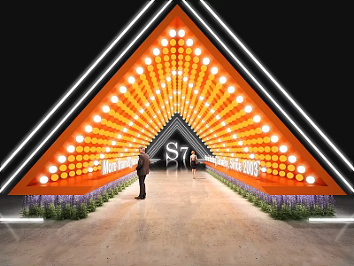 2023 S7 Event Passage Triangular Structure with Orange Lights People Standing and Green Plants 3d model