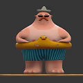 Plump Man With White Hat And Sunglasses Holding Yellow Rubber Duck Float On Wooden Base