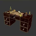 Mahogany Desk With Orange Knob Drawers And Green Bottle Rolled Paper Yellow Tool Small Candle