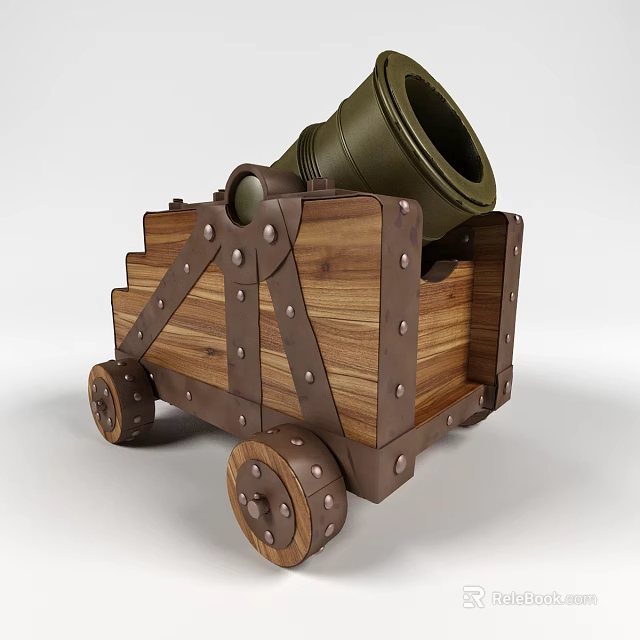 Antique Green Cannon With Wooden Carriage Metal Rivets And Wheels 3d model 