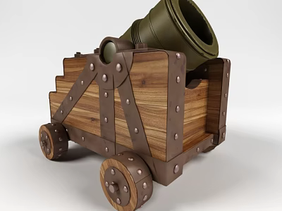 Antique Green Cannon With Wooden Carriage Metal Rivets And Wheels 3d model