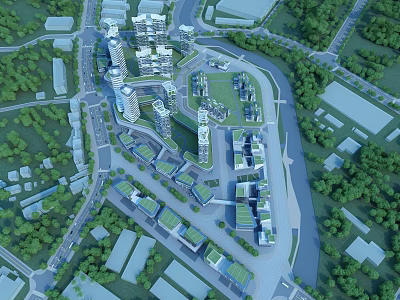 Aerial View Urban Planning With Modern Buildings Green Spaces And Road Networks 3d model