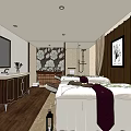 Serene SPA Sauna Interior With Massage Tables Wooden Flooring Floral Wall And Beige Curtains