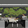 Hotel Lobby Interior With Green Moss Wall Wooden Accents Blue Sofas And Marble Coffee Table