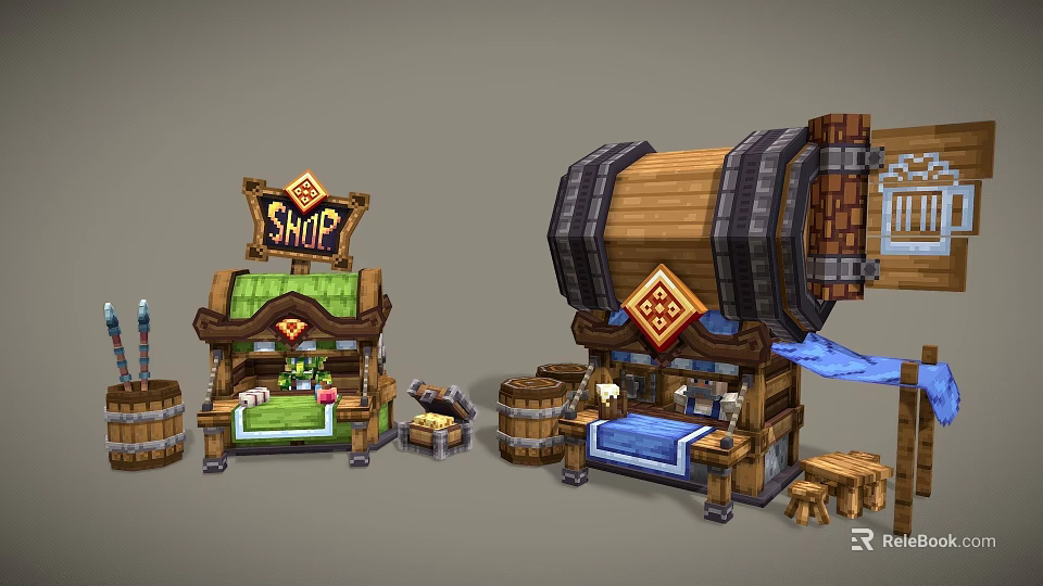 Cartoon Shop Scene Featuring Wooden Barrels Green Roof and Small Tables 3d model 