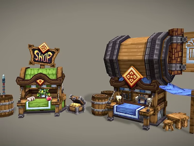 Cartoon Shop Scene Featuring Wooden Barrels Green Roof and Small Tables 3d model