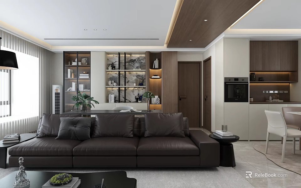 Modern Living Dining Room Interior With Open Layout Dark Leather Sofa And Wooden Shelves 3d model 