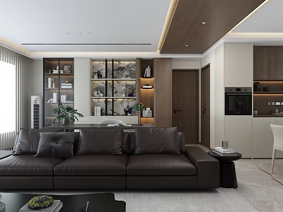 Modern Living Dining Room Interior With Open Layout Dark Leather Sofa And Wooden Shelves 3d model