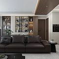 Modern Living Dining Room Interior With Open Layout Dark Leather Sofa And Wooden Shelves