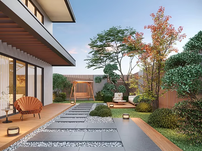 Modern Courtyard Garden With Stone Path Pebble Decoration Green Plants Swing And Wooden Deck 3d model