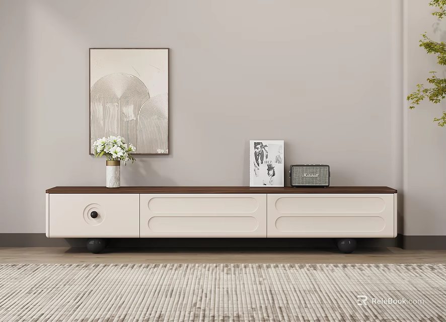 Modern TV Stand with White and Brown Finish Framed Wall Art Vase and Decorative Items 3d model 