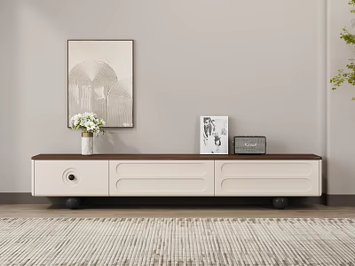 Modern TV Stand with White and Brown Finish Framed Wall Art Vase and Decorative Items 3d model