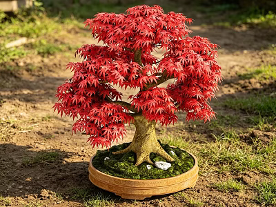 Red Maple Bonsai Tree With Vibrant Red Leaves In Bamboo Pot Green Moss White Stones 3d model