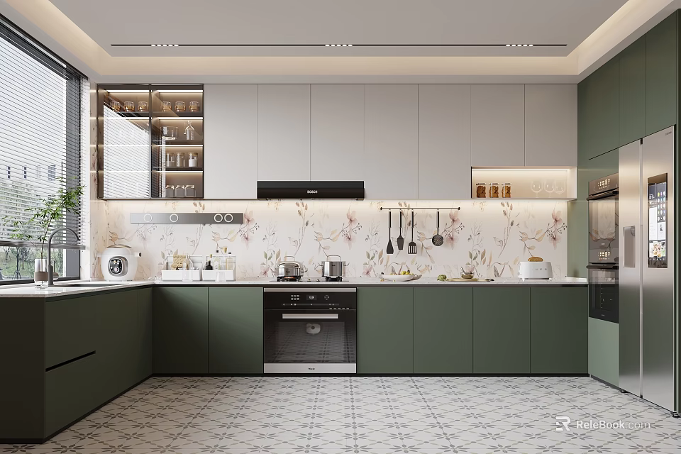 Modern Open Kitchen Interior With Green Cabinets Patterned Wall And Appliances 3d model