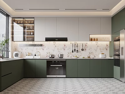 Modern Open Kitchen Interior With Green Cabinets Patterned Wall And Appliances 3d model