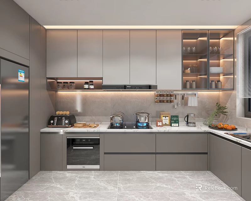 Modern Kitchen Interior Design With Grey Cabinets Stainless Steel Refrigerator Countertop Appliances And Fresh Fruits 3d model 