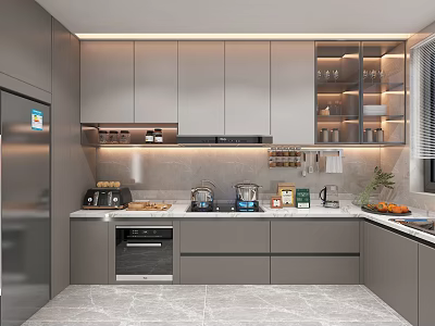 Modern Kitchen Interior Design With Grey Cabinets Stainless Steel Refrigerator Countertop Appliances And Fresh Fruits 3d model