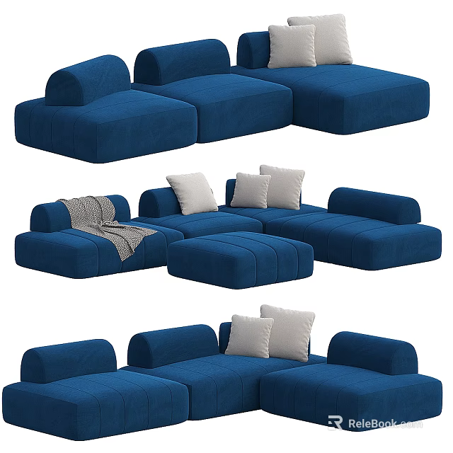 Blue Velvet Sectional Sofa with White Pillows and Throw Blanket Modern Living Room Furniture 3d model 