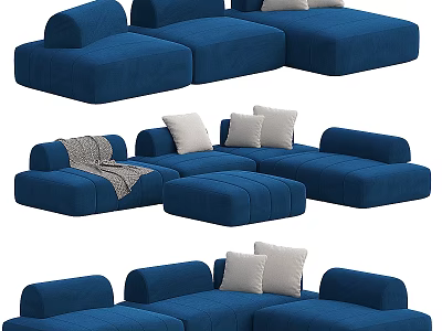 Blue Velvet Sectional Sofa with White Pillows and Throw Blanket Modern Living Room Furniture 3d model