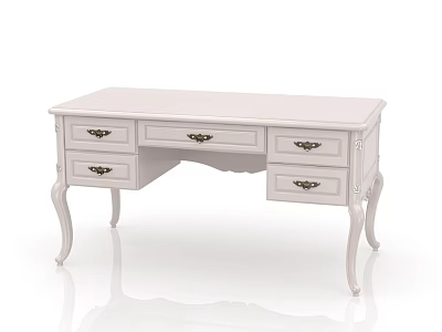 Elegant White Wooden Desk With Curved Legs And Brass Handle Drawers 3d model