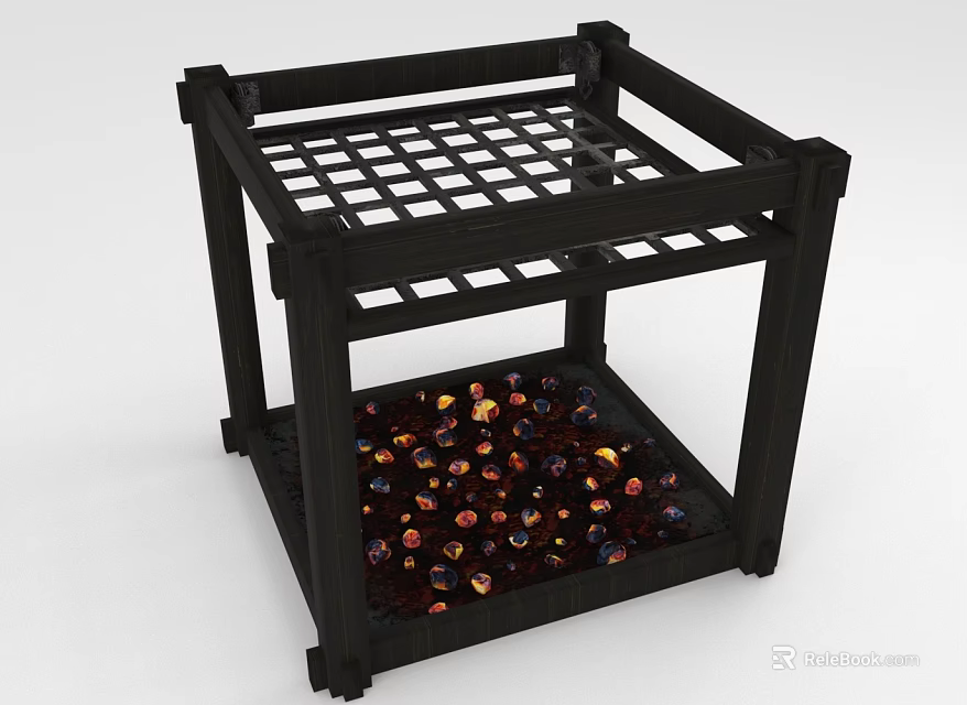 Black Two Tier Storage Shelf with Grid Top and Colorful Small Decorative Items 3d model 