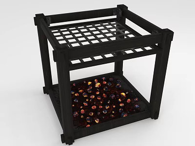 Black Two Tier Storage Shelf with Grid Top and Colorful Small Decorative Items 3d model