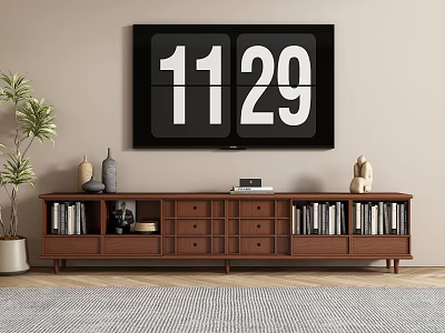 Wooden TV Stand With Drawers Open Shelves Books Decorative Items Potted Plant And Digital Clock 3d model
