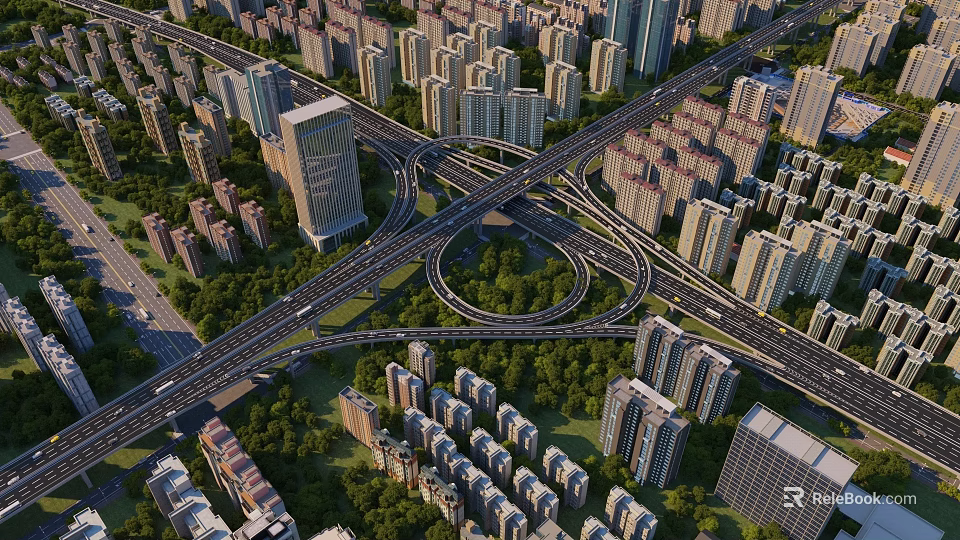 Urban Aerial View of Modern Overpass with High Rise Buildings and Greenery 3d model 